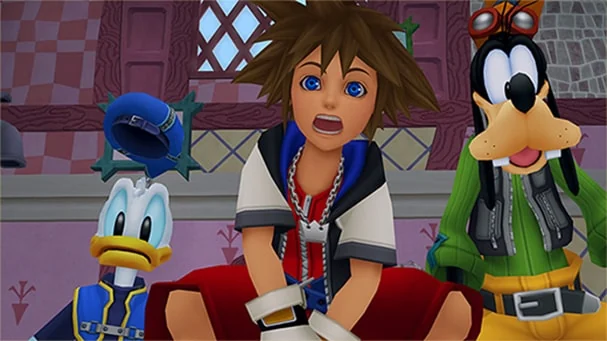 KINGDOM HEARTS FINAL MIXでソラ、ドナルド、グーフィーが並ぶゲーム画面