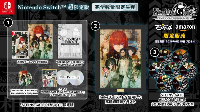 STEINS;GATE RE:BOOT超限定版の限定版一式、額装イラスト、DVD-ROM7枚組サウンドトラック